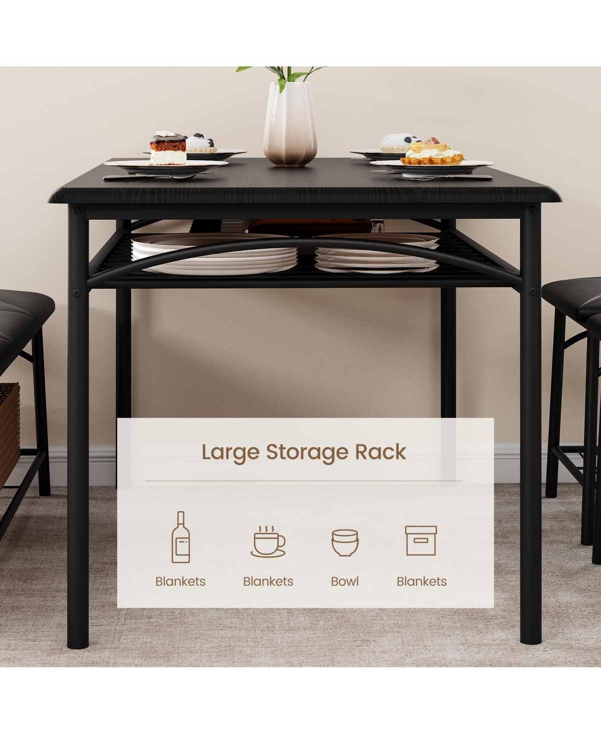 gaomon Kitchen Table with Bench, Dining Room Table Set for 4 with Upholstered Bench and Square Stools, Table Set with Storage- Black