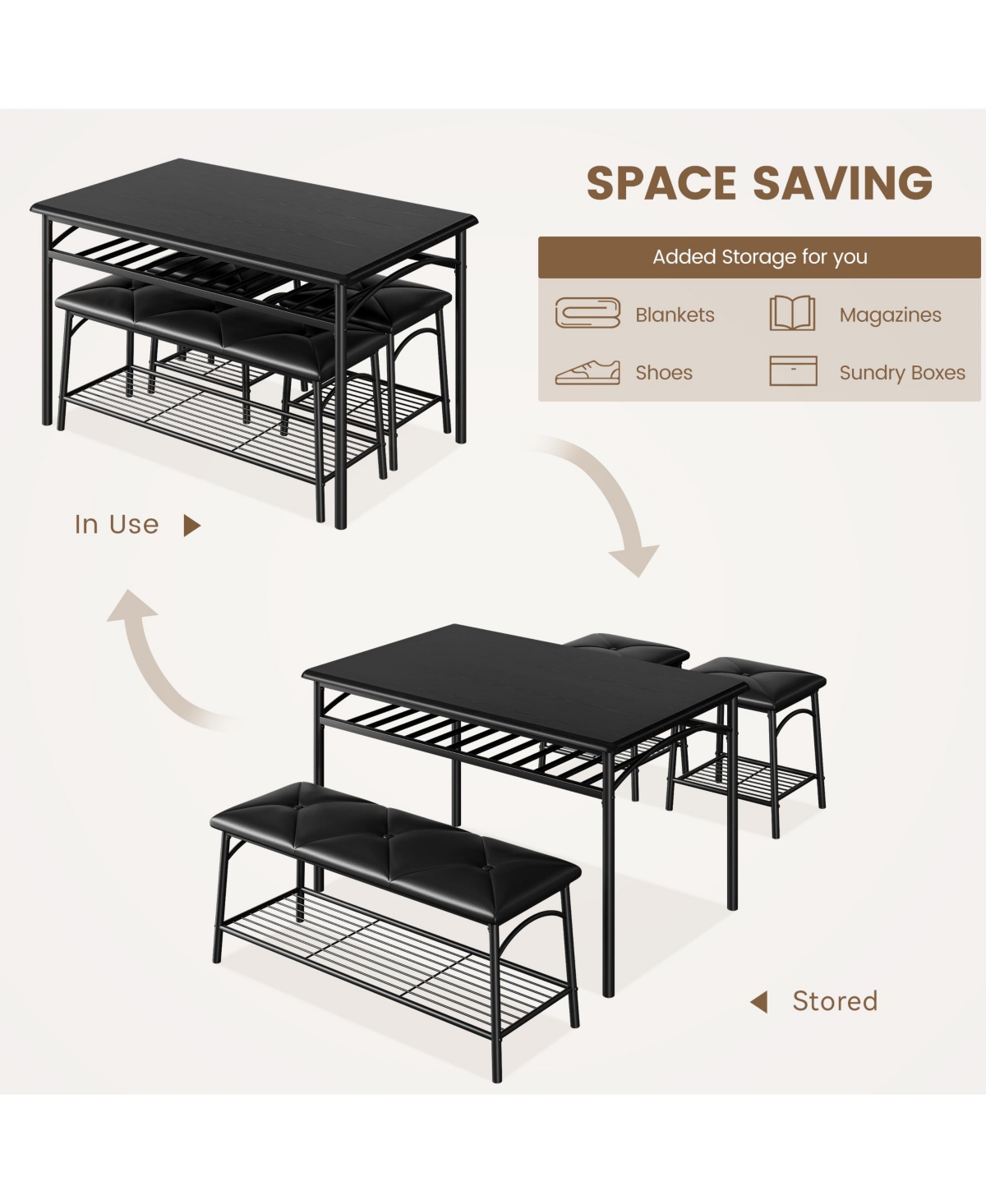 gaomon Kitchen Table with Bench, Dining Room Table Set for 4 with Upholstered Bench and Square Stools, Table Set with Storage- Black