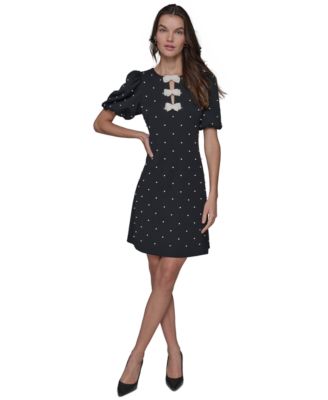 Women's Scuba Crepe Sheath with Neckline Pearl Bow Details Dress