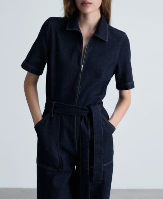 Women's Belted Denim Jumpsuit