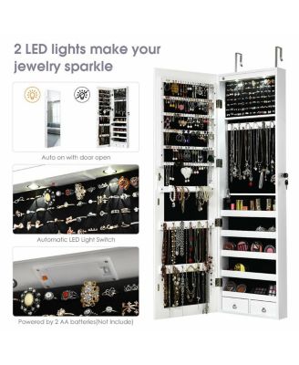 Wall and Door Mounted Mirrored Jewelry Cabinet with Lights-White