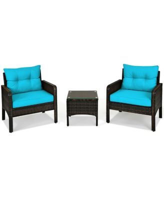 3 Pcs Outdoor Patio Rattan Conversation Set with Seat Cushions-Turquoise
