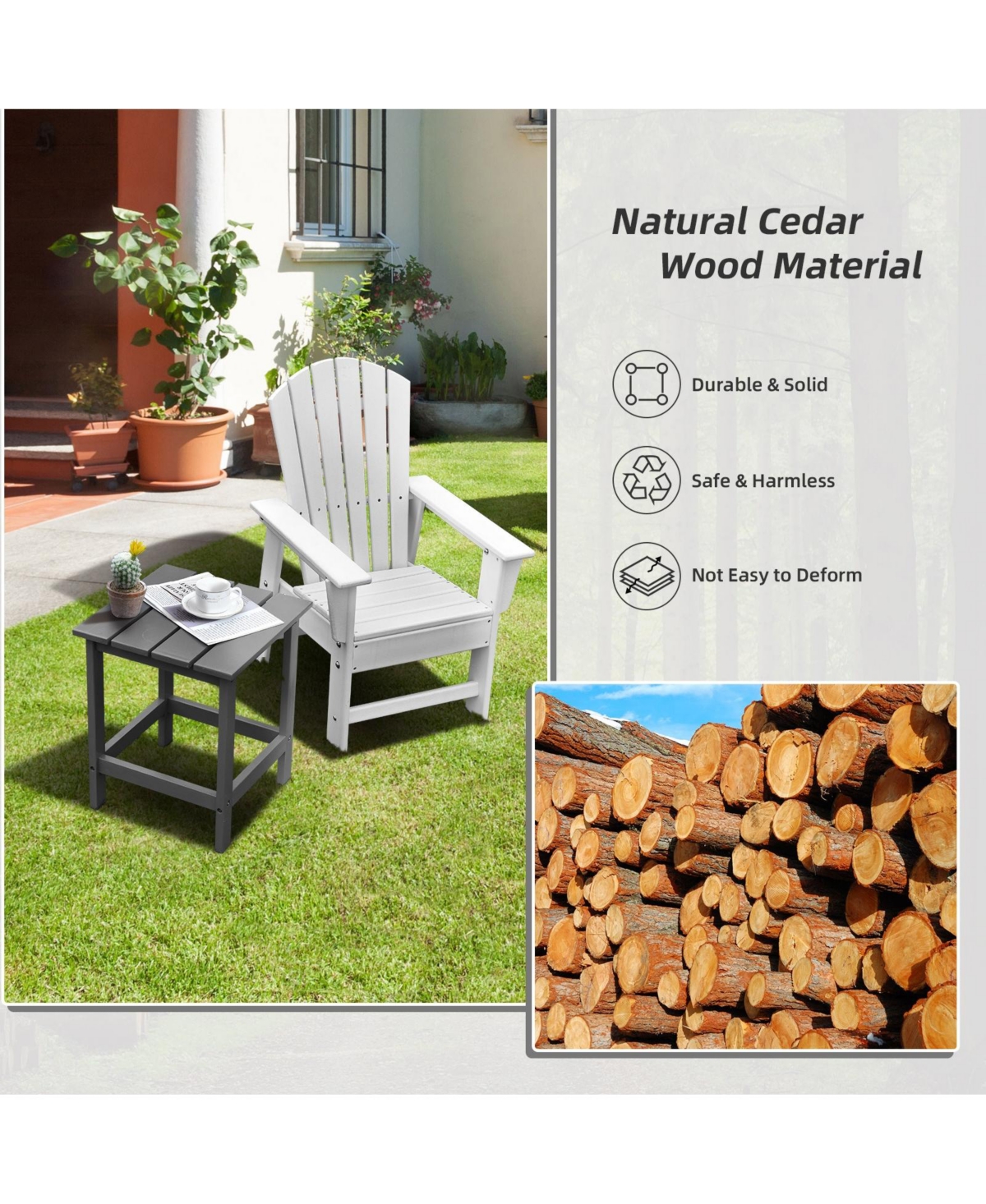 Sugift 15 Inch Patio Square Wooden Slat End Side Coffee Table for Garden-Gray