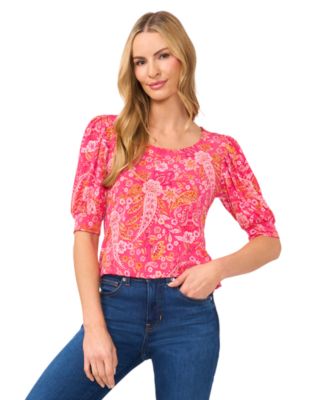 CeCe - Women's Paisley-Print Crewneck Shirred-Sleeve Knit Top