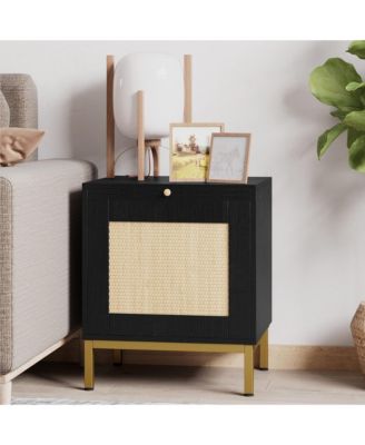 Rattan End Table - Set of 1, Wood Nightstand with Storage Shelf