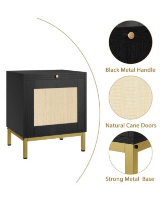 Rattan End Table - Set of 1, Wood Nightstand with Storage Shelf