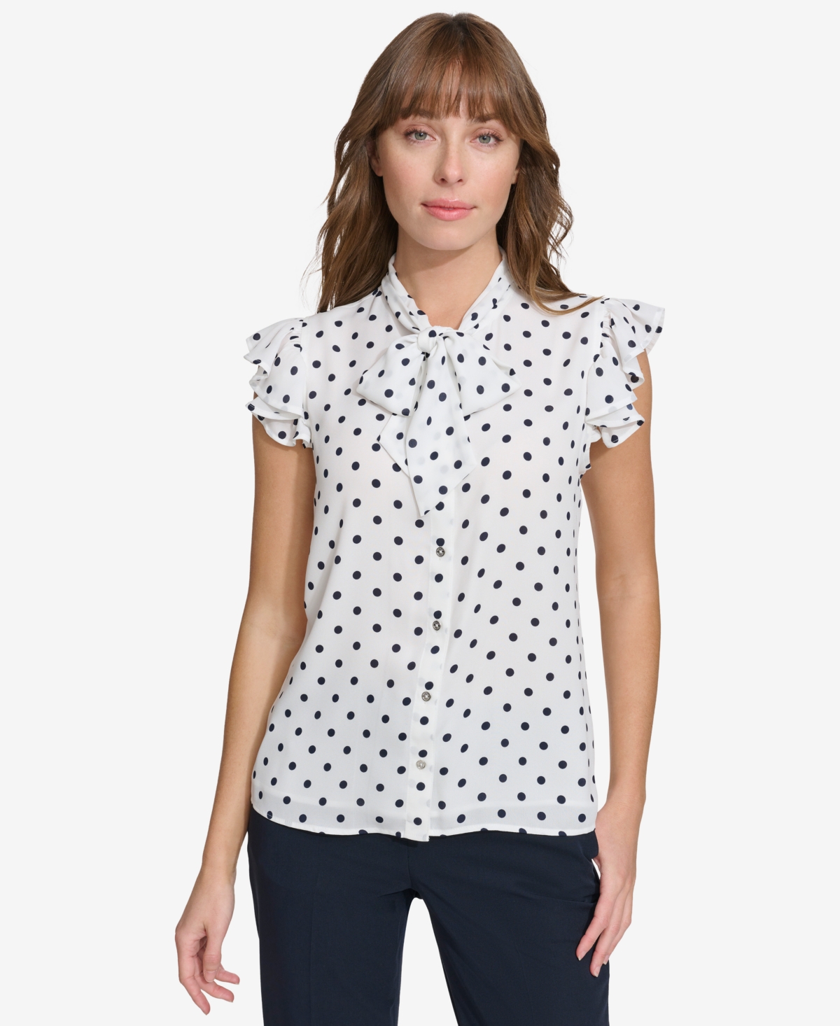 Women's Ruffle-Sleeve Bow Blouse - Ivry/midnight