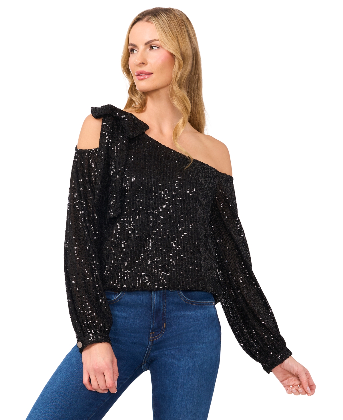 Shop Cece Women's Long Sleeve Sequin Bow Detail One-shoulder Top In Rich Black