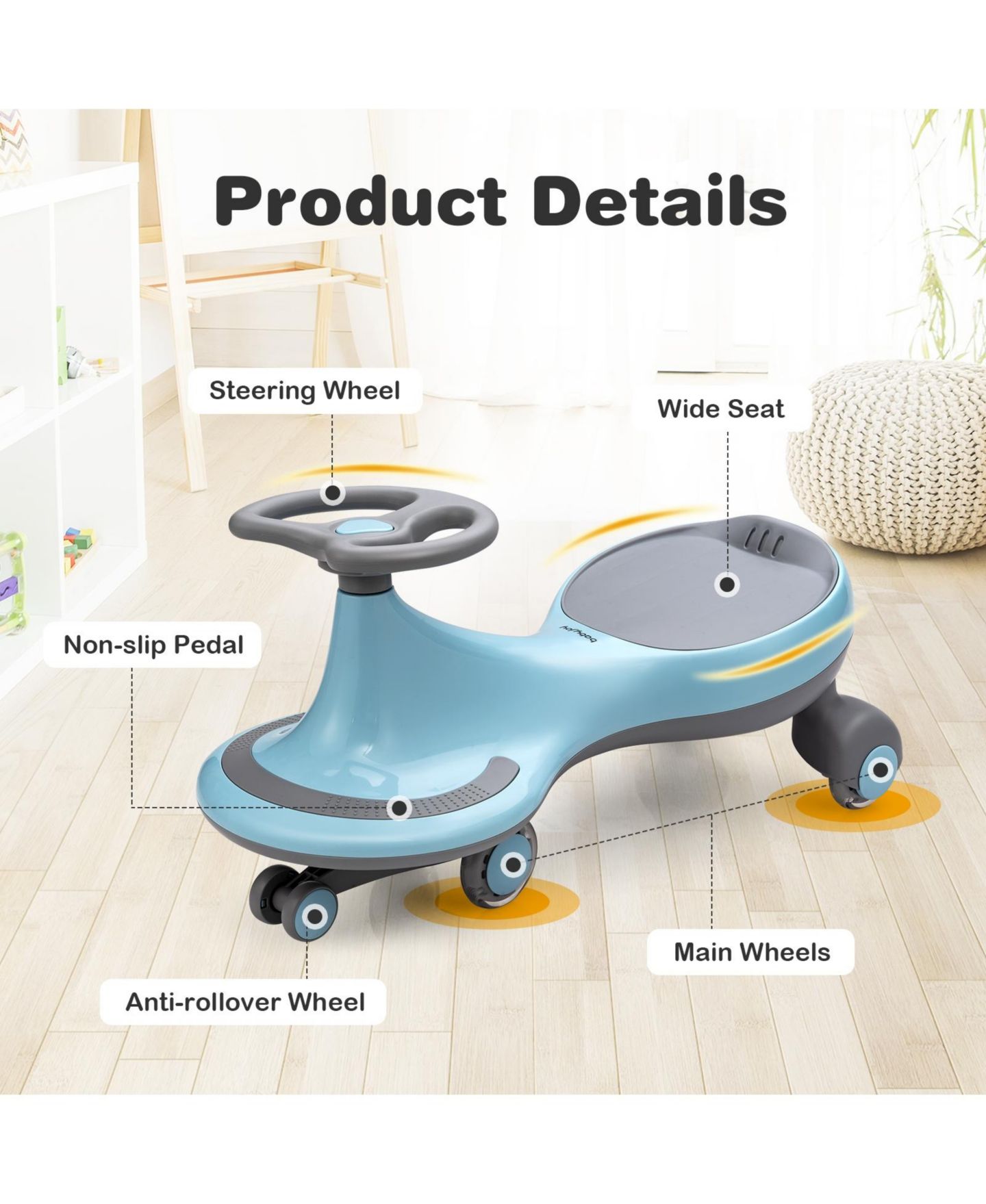 Детская игрушка HONGGE Wiggle Car Battery-Free Ride-On Toy with Flashing Wheels, Ages 3+ — фото 6