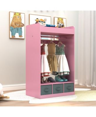 Kids Open Hanging Armoire Closet with Mirror, Costume Organizer Rack, Pink
