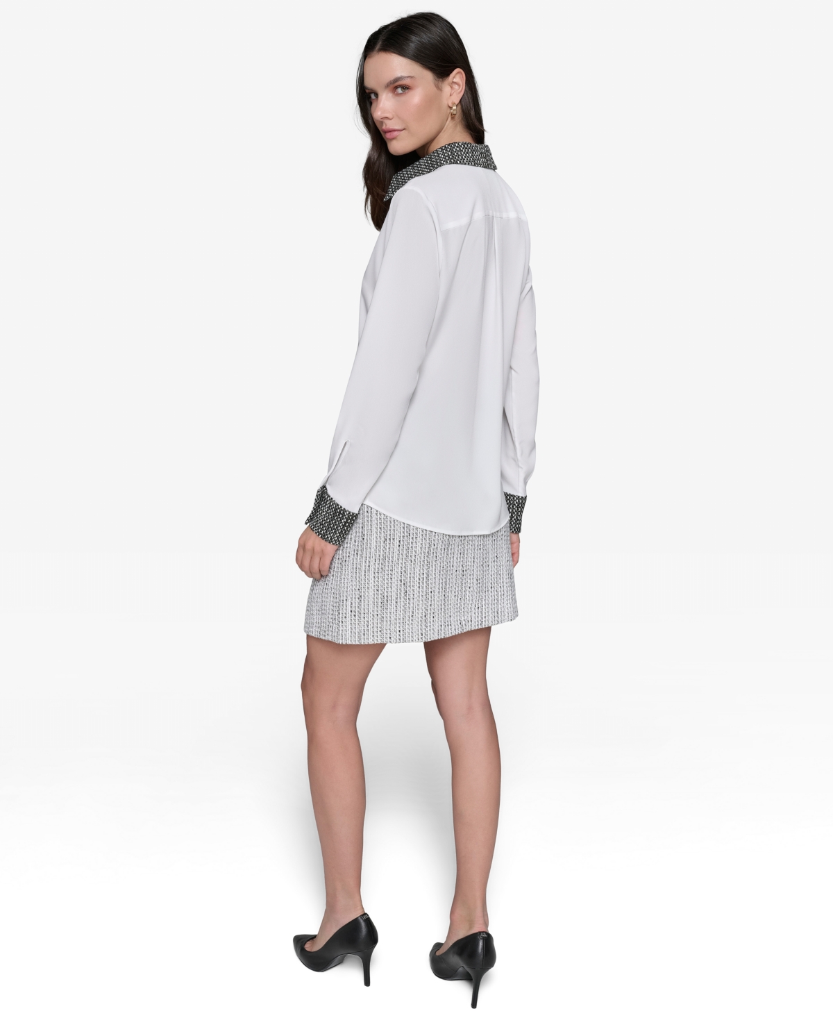 Karl Lagerfeld Women's Tweed-trim Button-front Shirt In Soft White,black