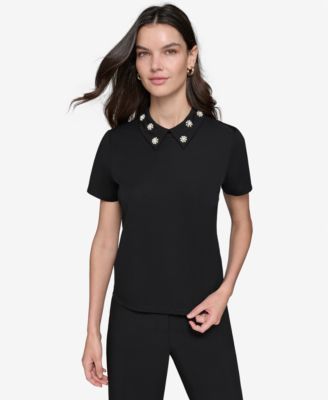 KARL LAGERFELD PARIS - Women's Embellished Collar Pont&eacute;-Knit Top