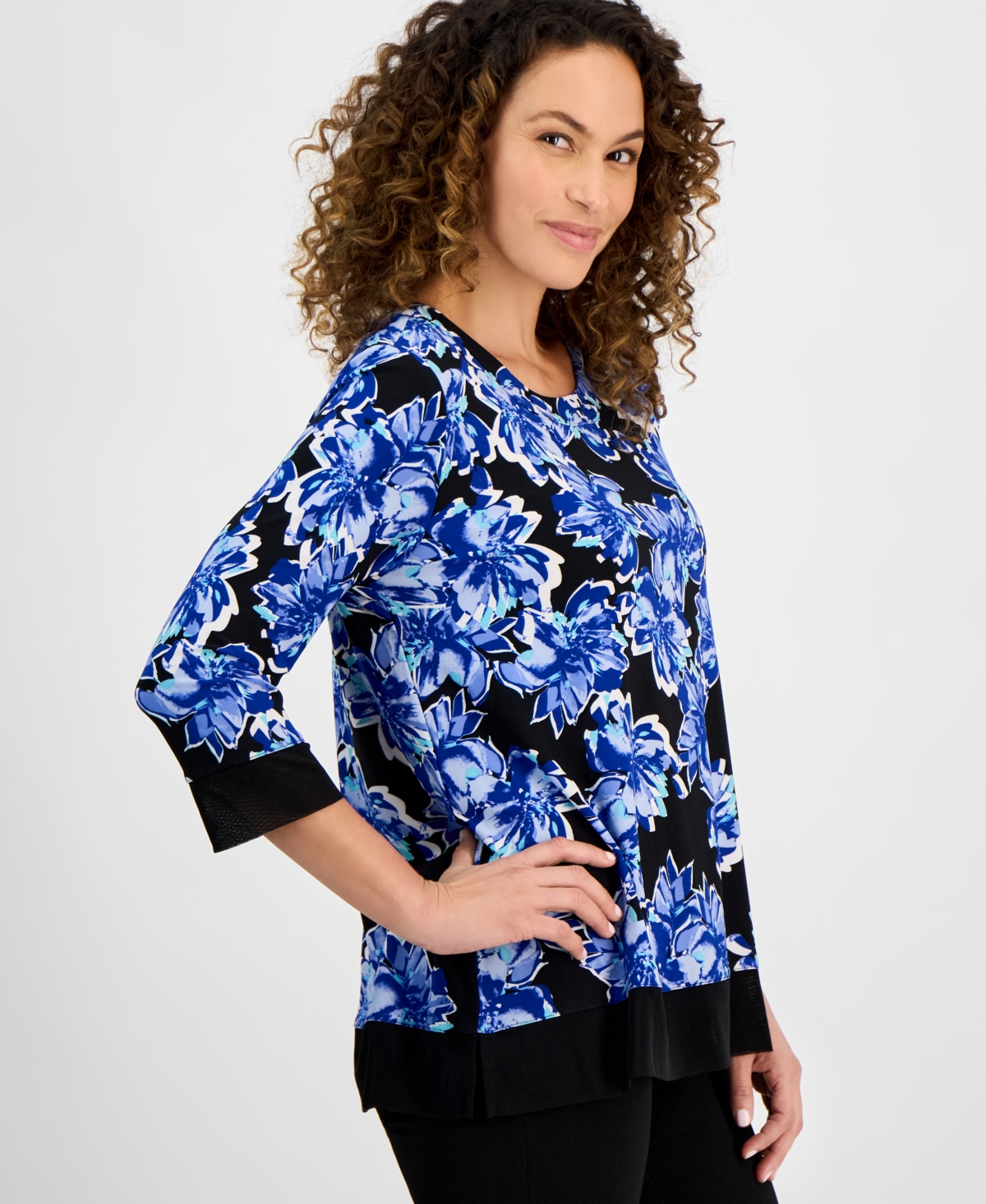 Ak Anne Klein Petite 3/4-sleeve Solid-trim Printed Tunic In Vibrant Cobalt Multi