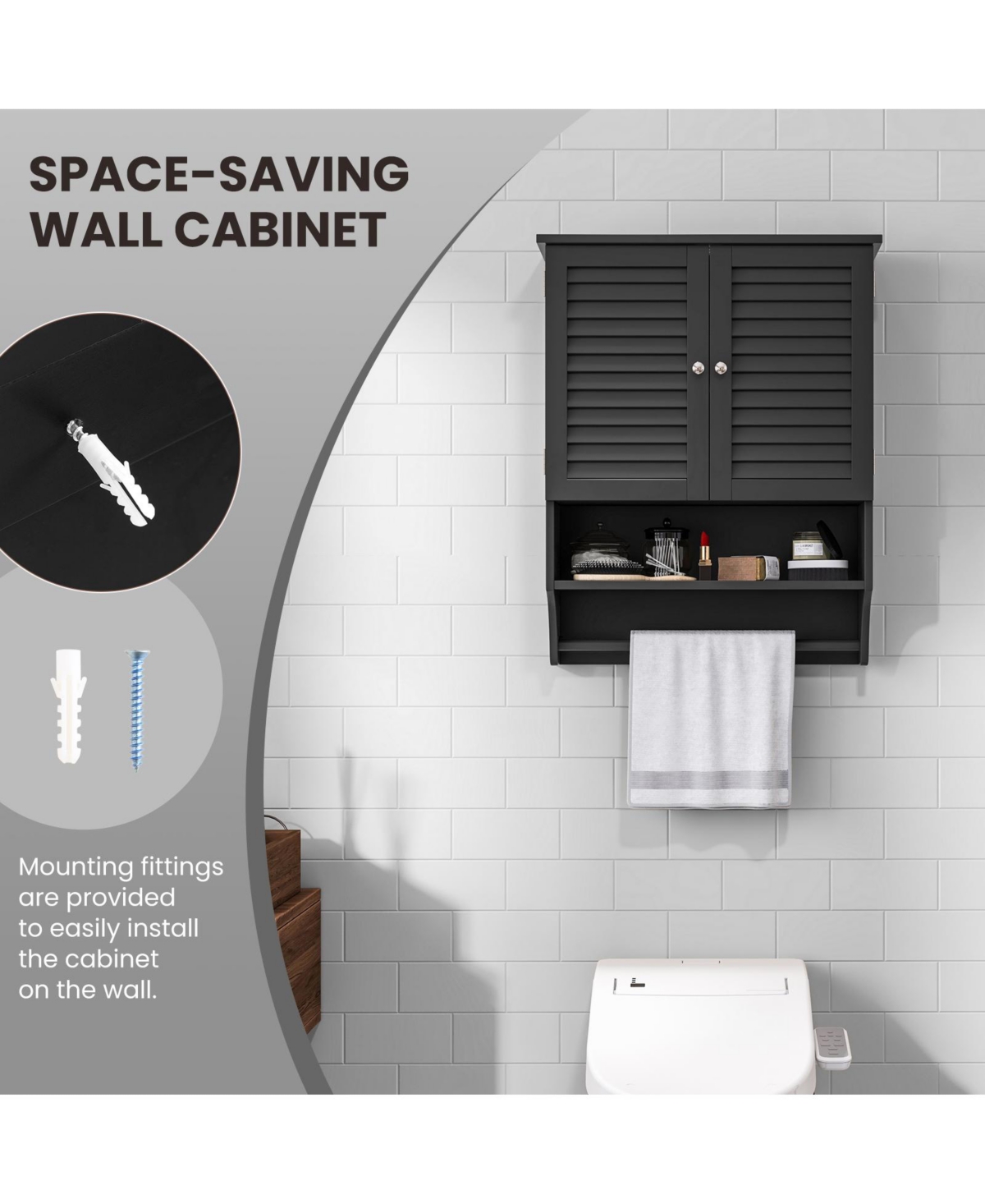 Sugift 2-Doors Bathroom Wall-Mounted Medicine Cabinet with Towel Bar- Black