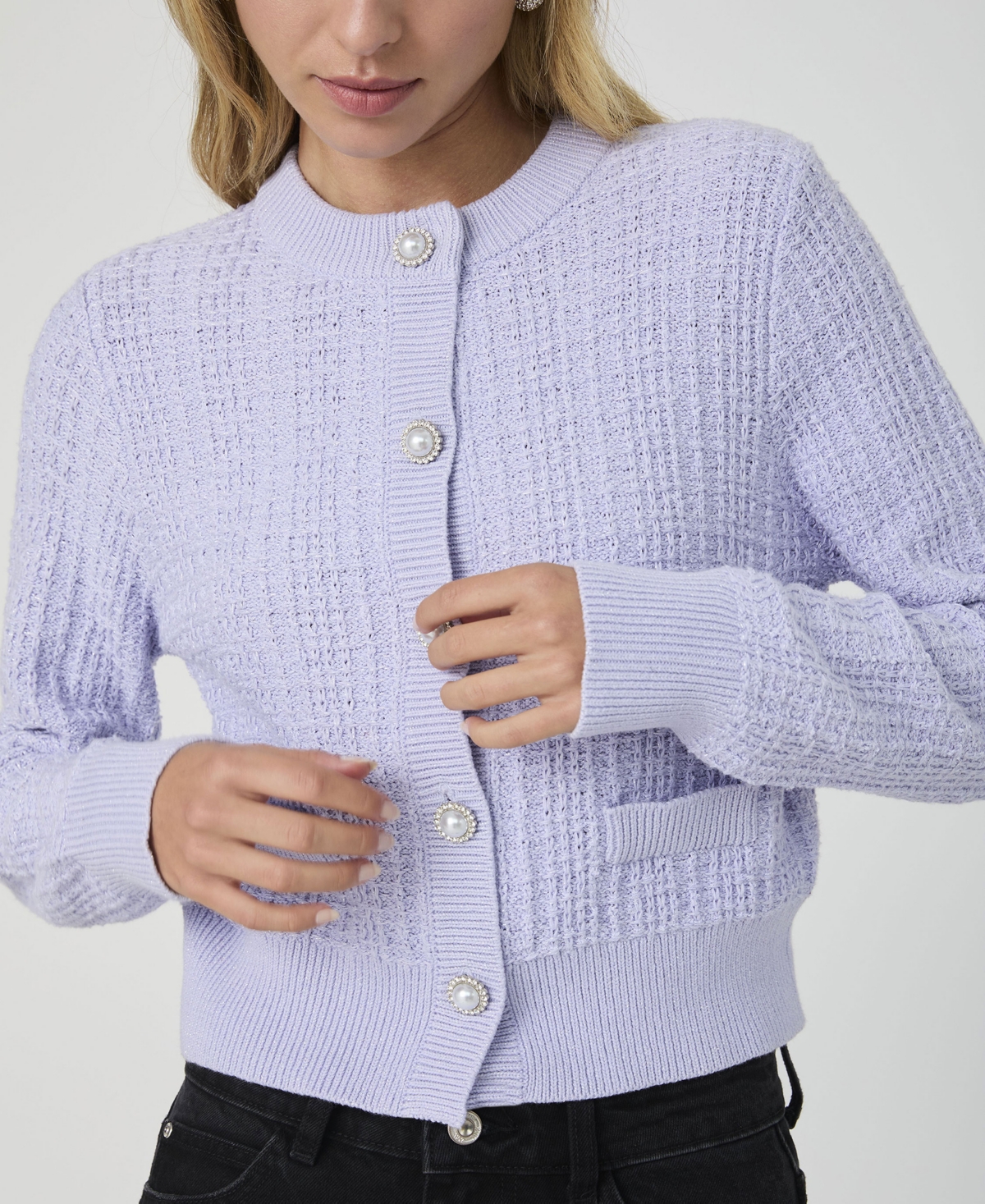 French Connection Lurex Tweed Cardigan In Lavender,silver Lurex