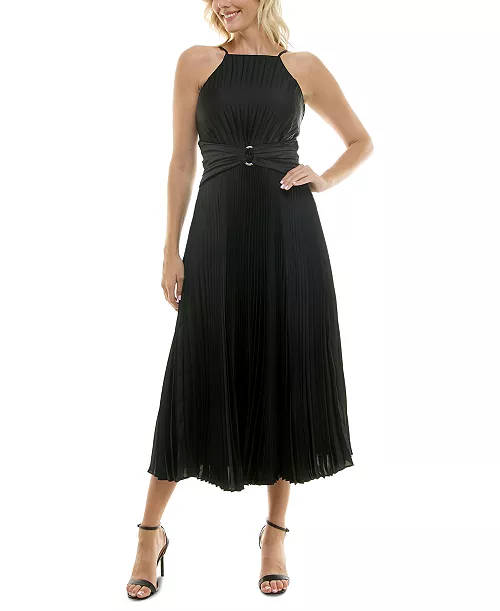 women's halter belted pleated chiffon midi dress