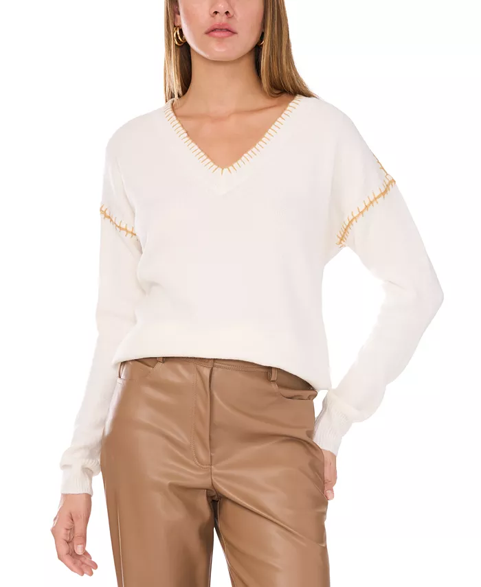 Women's V-Neck Whip-Stitch Trim Long-Sleeve Sweater - thumbnail 4