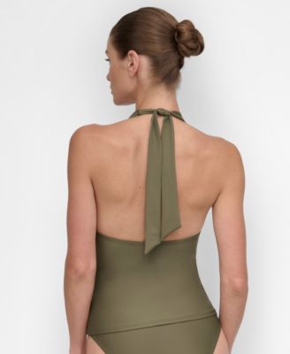 Women's Halter V-Neck Shirred Tankini Top