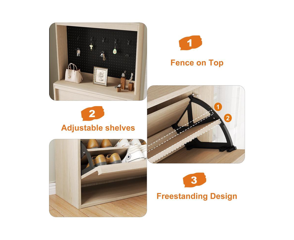 gaomon Shoe Cabinet with 2 Flip Drawers and Storage, Freestanding Shoe Cabinet with Hook, Wooden Shoe Storage Cabinet with Adjustable Shelf, Hidden Sh