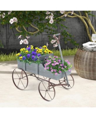 Wooden Wagon Plant Bed with Metal Wheels for Garden Yard Patio-Gray