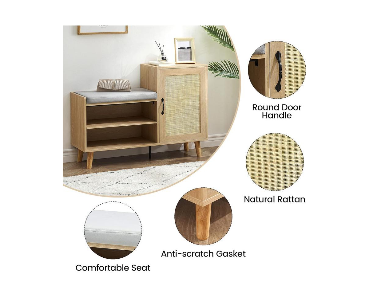 gaomon Rattan Shoe Storage Bench, Modern Shoe Storage Cabinet with Cushion and Adjustable Shelves, Narrow Shoe Organizer with Cabinet for Entryway, Ha