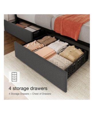 Bed Frame With 4 Storage Drawers And Adjustable Headboard, Linen Upholstered Platform Bed Frame With Wooden Slats Support, No Box Spring Needed