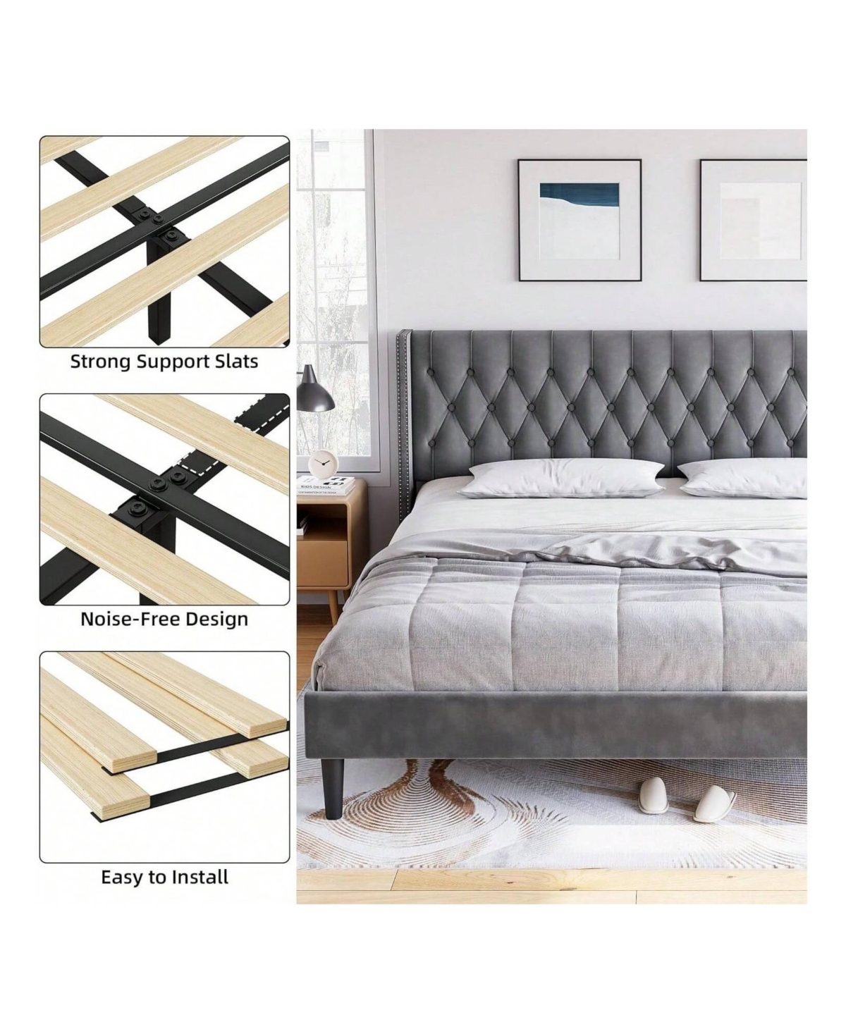 gaomon Full/Queen/King Size Bed Frame With Headboard, Modern King Bed Frame, Deep Button Tufted Headboard With Wingback, Velvet Upholstered Platform B