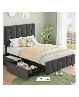 Bed Frame With Storage Drawers And Headboard, Upholstered Platform Bed Frame With Wooden Slats Support, No Box Spring Needed