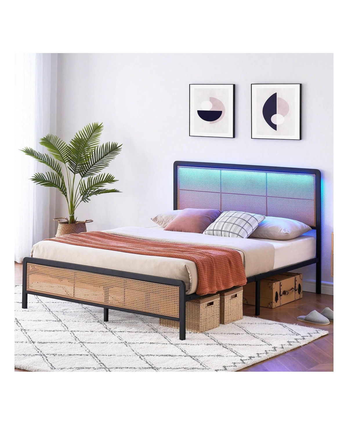 gaomon Rattan Bed Frame With Headboard And Footboard, Heavy Duty Metal Platform Storage, Easy Assembly, No Box Spring Needed, Mattress