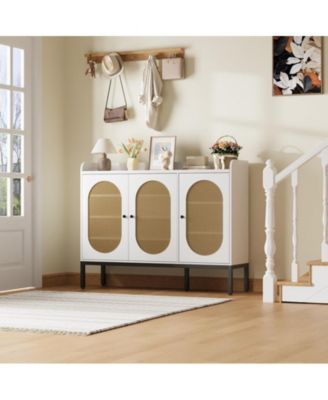 3-Door Shoe Cabinet – White, Rattan Style, 7-Tier Adjustable Shelves, Freestanding Storage for Entryway & Living Spaces.