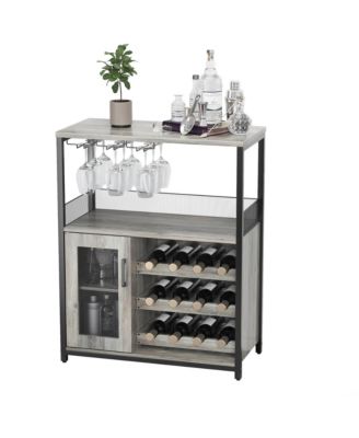 Wine Bar Cabinet with Detachable Wine Rack, Bar Rack Cabinet with Glass Holder and 1 Drawer, Mesh Door, Small Sideboard