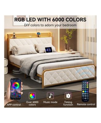 Full/Queen/King Size Bed Frame, Storage Headboard With Charging Station, Platform Bed With Velvet Backrest, No Box Spring Needed, Easy Assembly