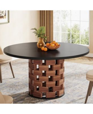 Round Dining Table for 4–6, 47" Farmhouse Kitchen Table with Wood Block Base for Dining Room, Living Room, or Kitchen