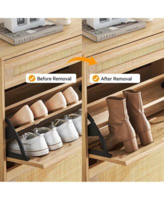 Natural Rattan 3 Flip Door Shoe Cabinet, Modern Shoe Rack Storage Organizer with Drawer and 3-Tier Adjustable Shelves, Freestanding Shoe Cabinet Organizer for Entryway, Oak