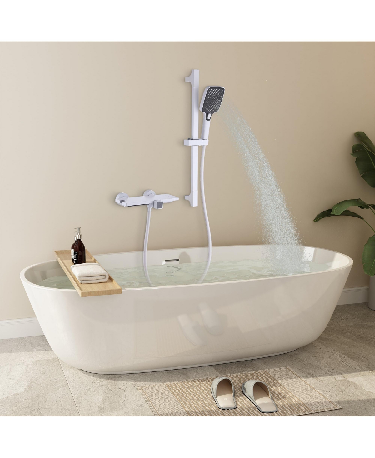Mondawe2-Functiom Tub and Shower Faucet with Rough-in Value and 4.93GPM Waterfall Spout - White