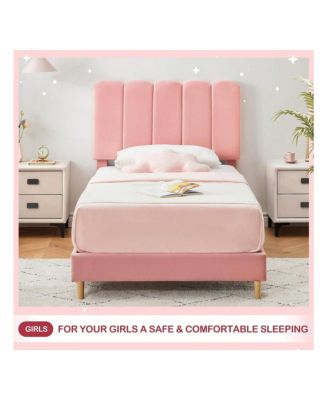 Twin Bed Frame For Girls, Twin Size Velvet Upholstered Bed Frame With Headboard, No Box Spring Needed, Wooden Slats Support, Easy Assembly