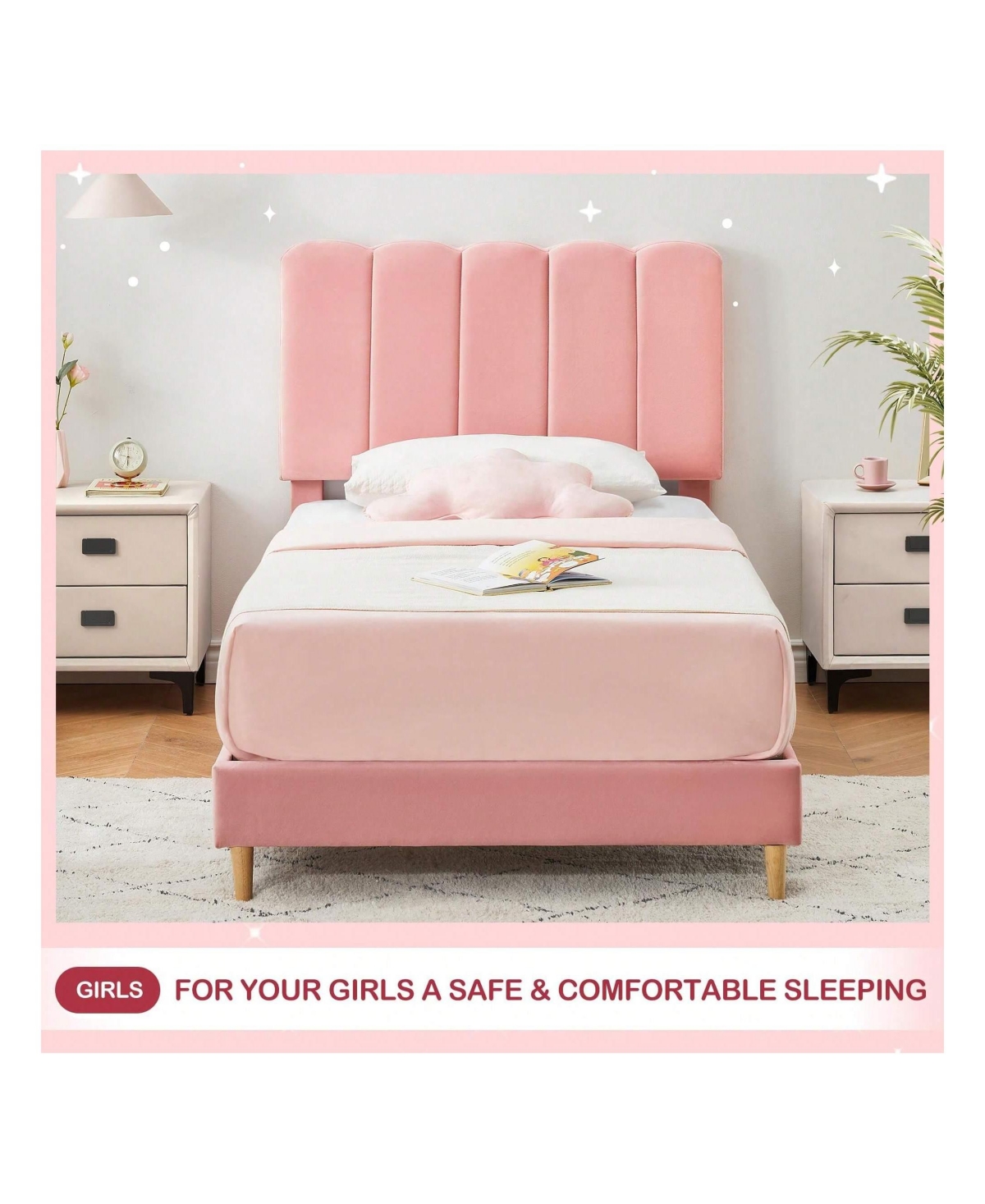 gaomon Twin Bed Frame For Girls, Velvet Upholstered With Headboard, No Box Spring Needed, Wooden Slats Support, Easy Assembly