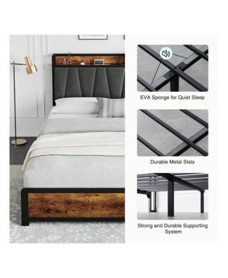 Bed Frame With 4 Storage Drawers And Linen Upholstered Headboard,Platform Bed Frame With Charging Station, No Box Spring Needed, Easy Assembly, Vintage Brown
