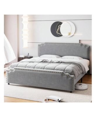 Full/Queen/King Size Bed Frame, Velvet Upholstered Platform Bed Frame With Rivet Decor Headboard And Strong Wood Slat Support, No Box Spring Needed, Easy Assembly, Grey