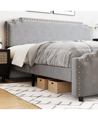 Full/Queen/King Size Bed Frame, Velvet Upholstered Platform Bed Frame With Rivet Decor Headboard And Strong Wood Slat Support, No Box Spring Needed, Easy Assembly, Grey