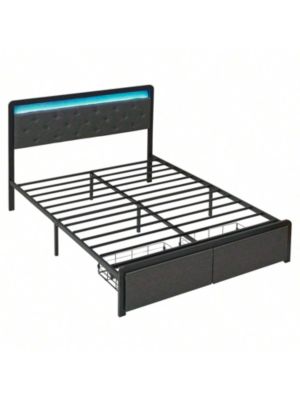 Bed Frame With 2 Storage Drawers, Bed Frame With LED Lights Headboard, Upholstered Platform Bed No Box Spring Needed, Easy Assembly