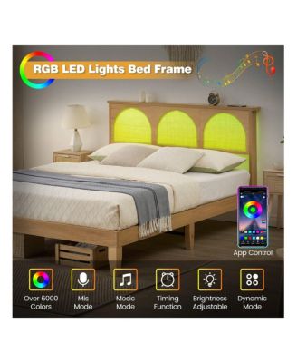 Full/Queen Bed Frame With Rattan Headboard, Boho Cane Platform Bed Frame With LED Lights, Solid Wood Foundation With Wood Slat Support/No Box Spring Needed/Easy Assembly/Noise-Free