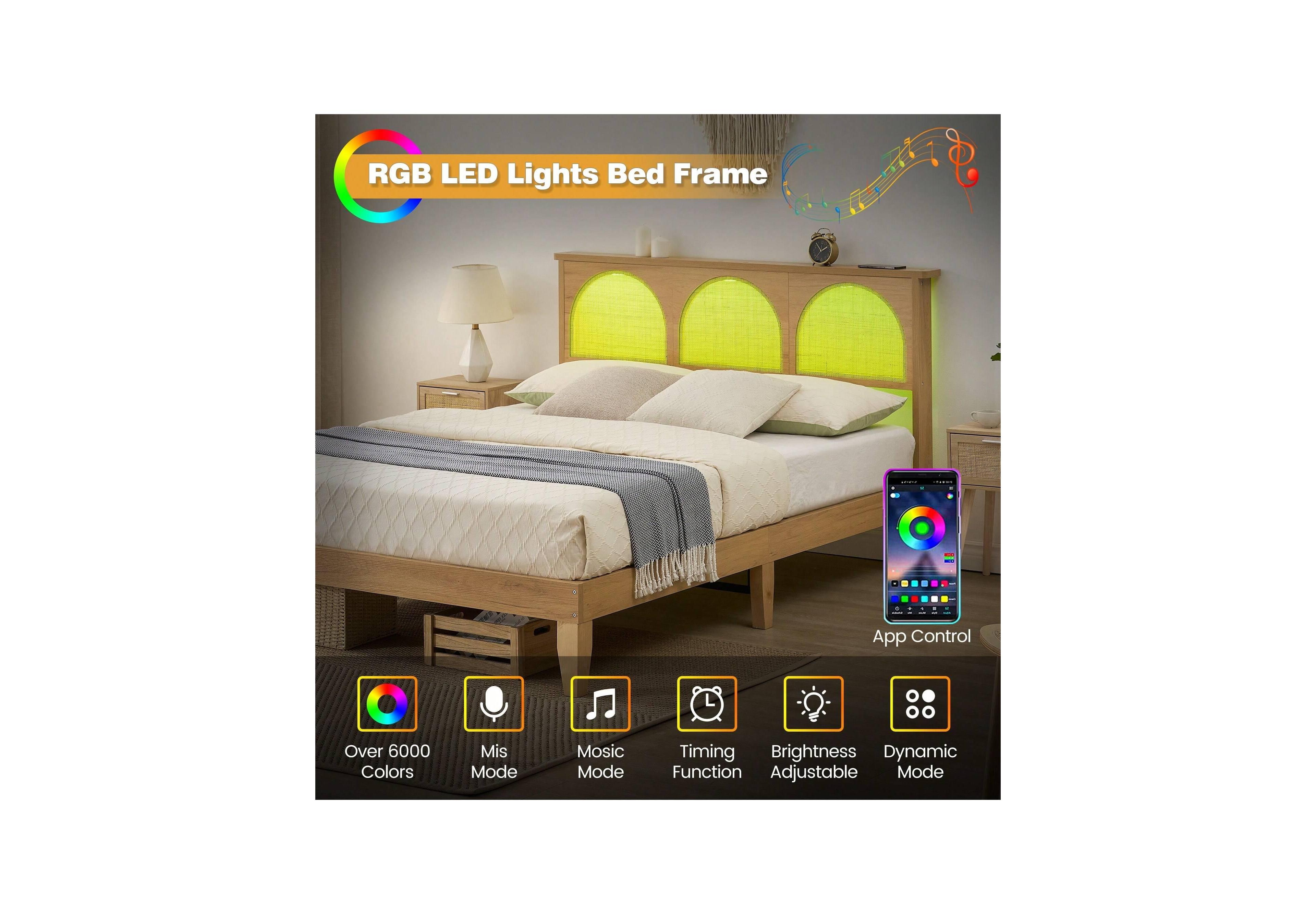 gaomon Full/Queen Bed Frame With Rattan Headboard, Boho Cane Platform Bed Frame With Led Lights