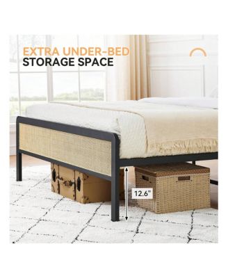 Bed Frame, Metal Bed Frame With Rattan Headboard And Footboard, Platform Bed Frame With Safe Rounded Corners, Under Bed Storage, Strong Metal Slat Support, No Box Spring Needed