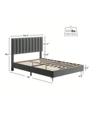 Platform Bed Frame With Adjustable Velvet Upholstered Headboard, Mattress Foundation With Wooden Slat Support, No Box Spring Needed, Dark Grey