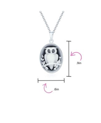 Carved Oval Branch Small Owl Synthetic Black Onyx Cameo Pendant Necklace Sterling Silver