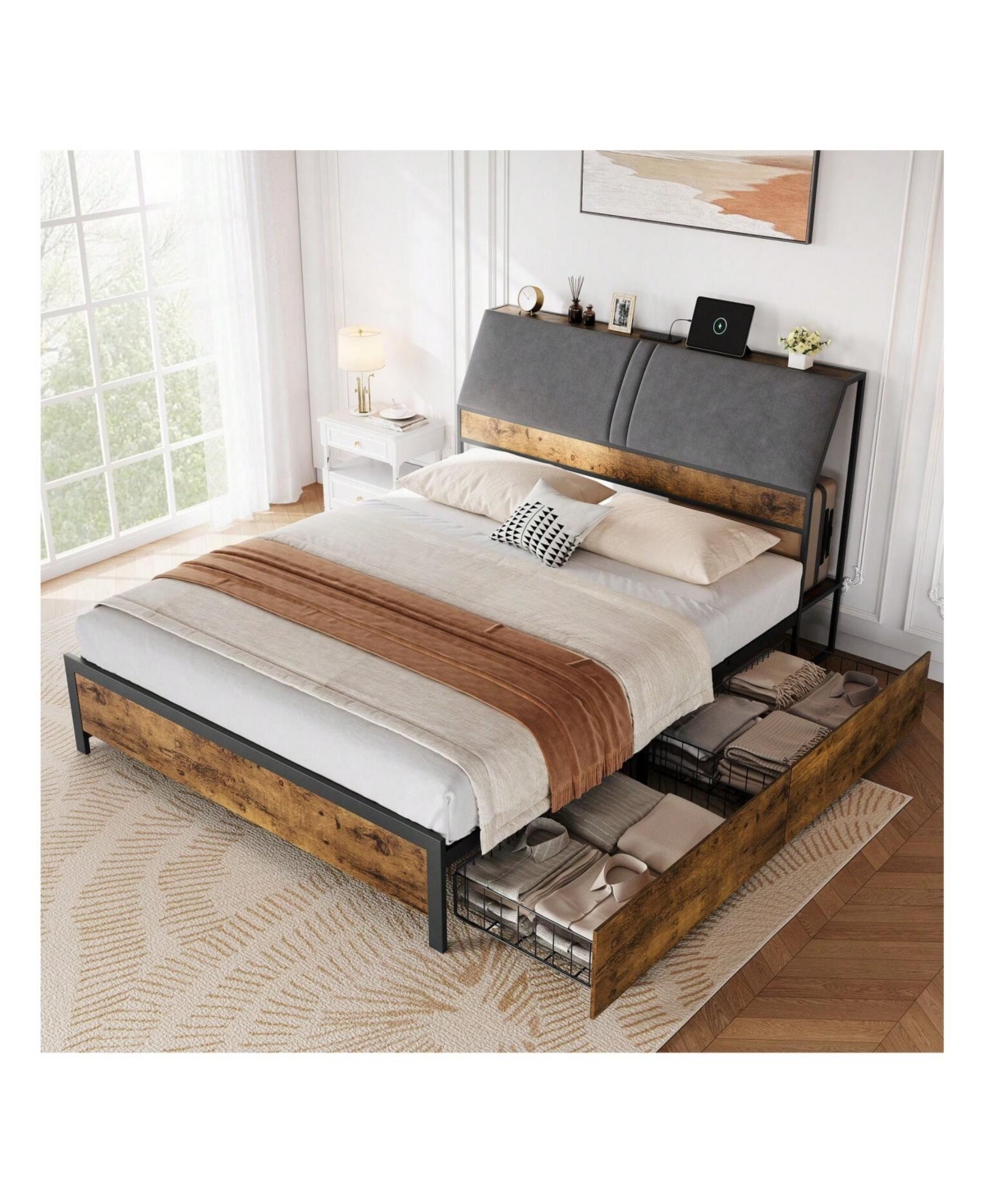 gaomon Bed Frame With Charging Station And 4 Storage Drawers, Metal Platform Bed With Ergonomic Large Storage Headboard, Noise-Free, No Box Sprin