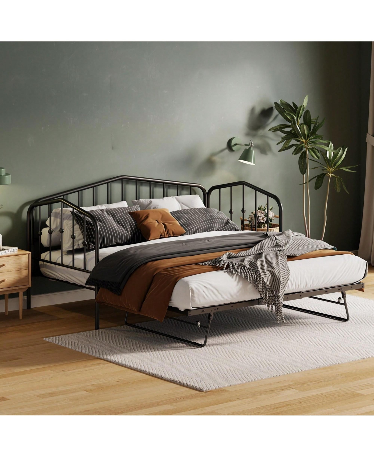 gaomon Twin Size Metal Daybed With Trundle,Sofa Bed Frame With Portable Folding Trundle For Kids Teens Adults, Steel Slat Support,Easy To Assemble & N