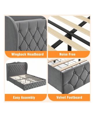 Bed Frame With Charging Station And 4 Storage Drawers, Velvet Upholstered Tall Tufted Wingback Headboard And Storage Shelf, No Box Spring Needed, Easy Assembly