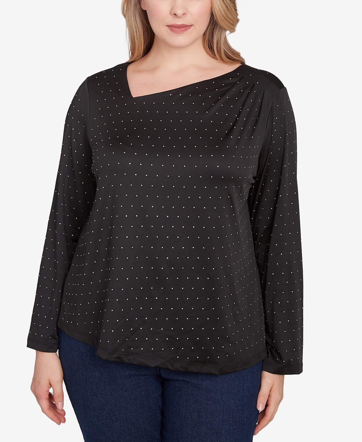 Plus Size Red-y To Shine Asymmetrical Neck Top - Black Multi